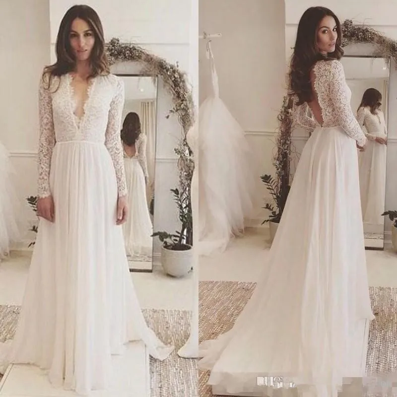 Chic 2019 Lace Long Sleeve Backless Bohemian Beach Country Cheap Deep V Neck Chiffon Long Boho Bridal Gowns robe soiree
Chic 2019 Lace Long Sleeve Backless Bohemian Beach Country Cheap Deep V Neck Chiffon Long Boho Bridal Gowns robe soiree