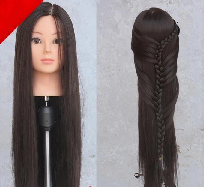 Image 65CM female hair mannequin makeup practice hairdressing head,real hair wigs with rack,M00619