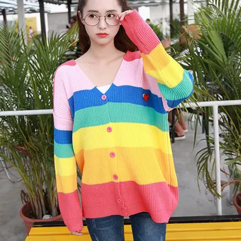 Women's Knitted Cardigan V-neck Rainbow Striped Sweater Patchwork Letter Single Breasted Sweaters Women 2020 Autumn Cardigans
Women's Knitted Cardigan V-neck Rainbow Striped Sweater Patchwork Letter Single Breasted Sweaters Women 2020 Autumn Cardigans