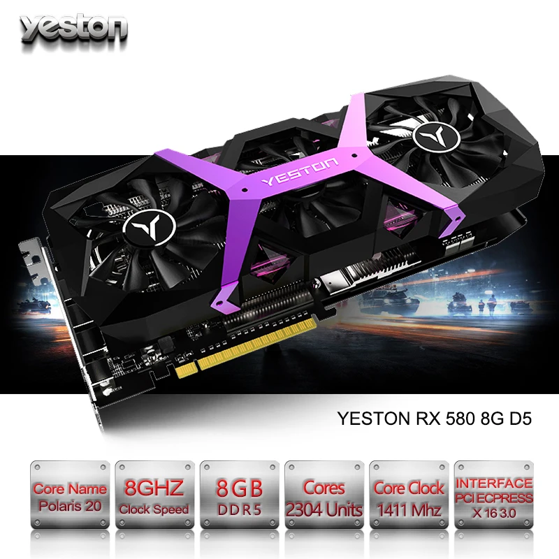 Yeston Radeon RX 580 GPU 8GB GDDR5 256bit Gaming Desktop computer PC Video Graphics Cards support DVI/HDMI PCI-E X16 3.0
Yeston Radeon RX 580 GPU 8GB GDDR5 256bit Gaming Desktop computer PC Video Graphics Cards support DVI/HDMI PCI-E X16 3.0