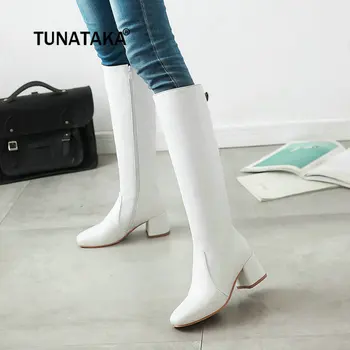 Women Fashion Thick High Heel Knee High Boots Side Zipper Winter Women Shoes White Black 
Women Fashion Thick High Heel Knee High Boots Side Zipper Winter Women Shoes White Black
