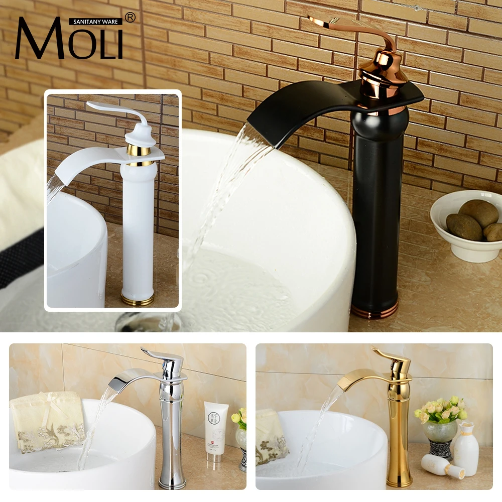 

Tall bathroom basin faucet soild brass chrome finish gold finish waterfall vessel sink faucets single holder tap mixer