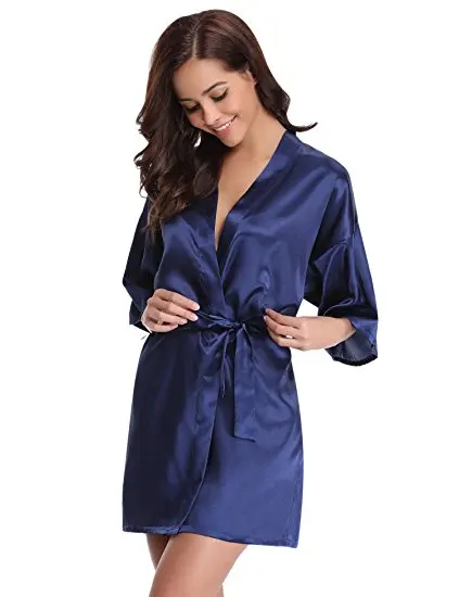 Women Silk Satin Short Night Robe Solid Kimono Robe Fashion Bath Robe Sexy Bathrobe Peignoir Femme Wedding Bride Bridesmaid Robe 129