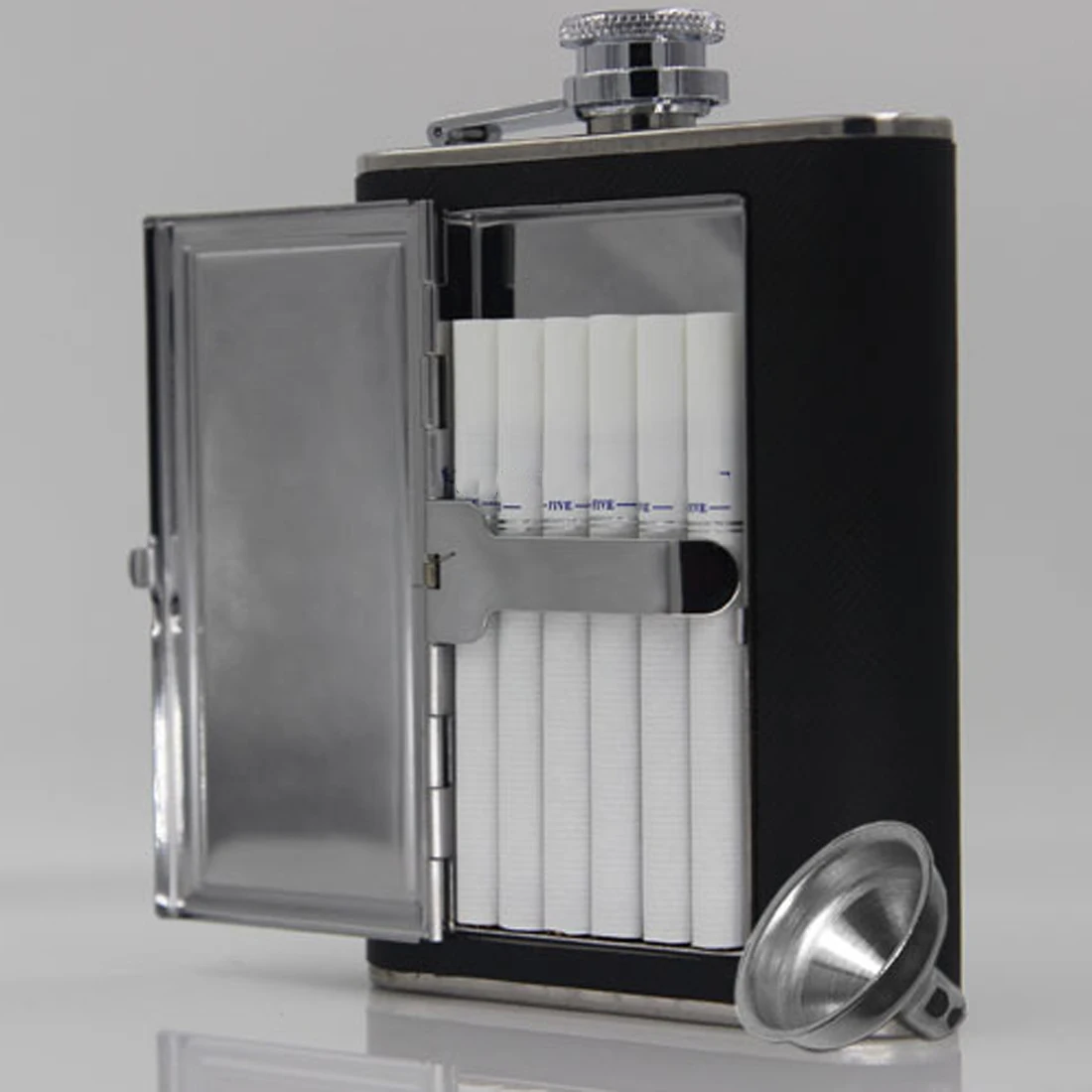 Creative Cigarettes Case Stainless Steel Hip Flask 5/6 OZ Black PU Leather with Funnel Home Outdoor Sport wine pot
Creative Cigarettes Case Stainless Steel Hip Flask 5/6 OZ Black PU Leather with Funnel Home Outdoor Sport wine pot