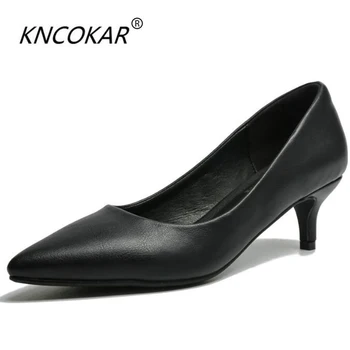 Professional women's shoe leather square heel thick and low middle and high heel small and pointy small shoe leather shoes