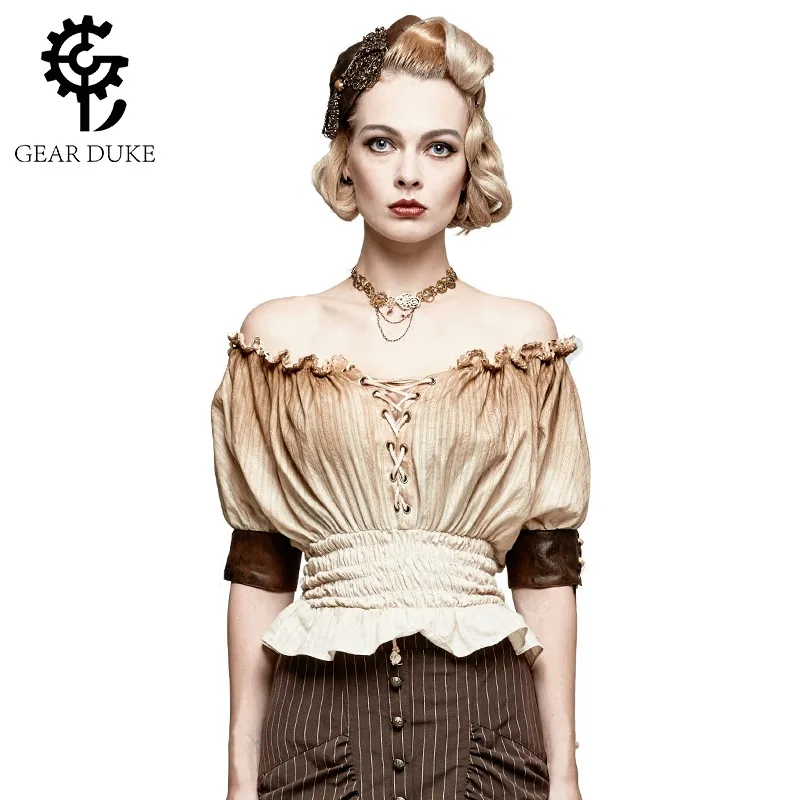 Brown Lace Up Ruffles Slash Neck Short Sleeve Elastic Slim Waist Vintage Shirts Women Steampunk Clothing Victorian Gothic Blouse
Brown Lace Up Ruffles Slash Neck Short Sleeve Elastic Slim Waist Vintage Shirts Women Steampunk Clothing Victorian Gothic Blouse