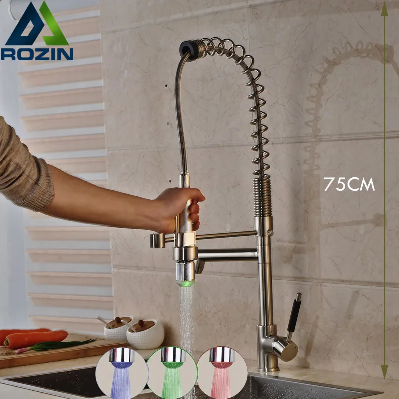 Wholesale and Retail Kitchen Mixer Tap LED RGB Light Kitchen Sink Faucet Double Swivel Spout Brushed Nickel Finish
Wholesale and Retail Kitchen Mixer Tap LED RGB Light Kitchen Sink Faucet Double Swivel Spout Brushed Nickel Finish