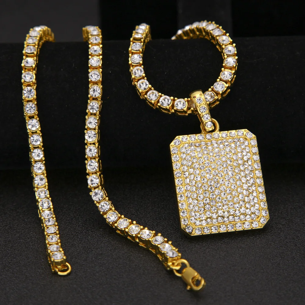 Hip Hop Bling Ice Out Full Rhinestones Square Pendant Necklace Dog Tag 1 Row Tennis Chain Necklaces for Men Jewelry Gold Silver
Hip Hop Bling Ice Out Full Rhinestones Square Pendant Necklace Dog Tag 1 Row Tennis Chain Necklaces for Men Jewelry Gold Silver