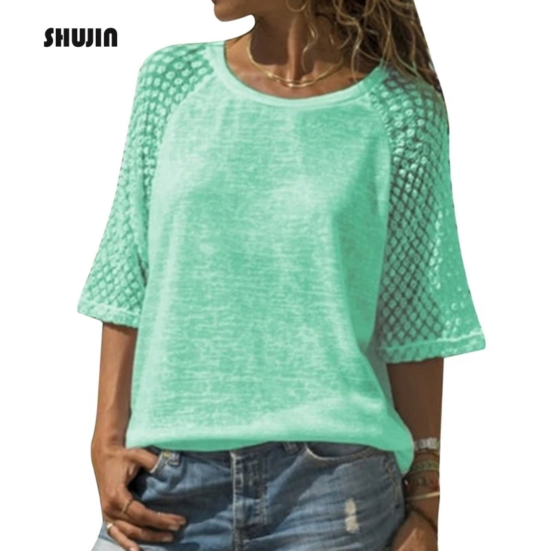 SHUJIN Women Summer Lace Stitching Half Sleeve Chiffon T-shirt Casual Loose O-Neck Tops Streetwear poleras mujer 2019
SHUJIN Women Summer Lace Stitching Half Sleeve Chiffon T-shirt Casual Loose O-Neck Tops Streetwear poleras mujer 2019