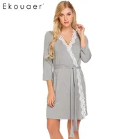 Ekouaer Women Robe Long Sleeve V-Neck Lace-trimmed Nighties Belt Sleepwear Robes Bathrobe Gowm Dressing Female Homewear image