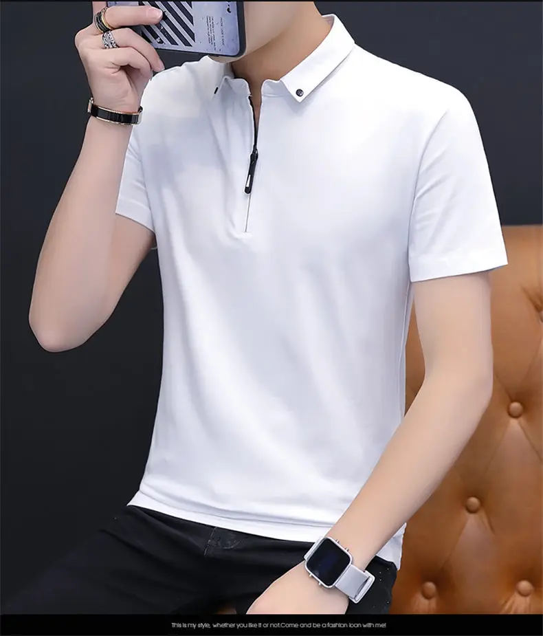 New Polo Shirts Men Summer Cotton Spandex Short Sleeve Solid Korean Style Zipper Men Polos Male Brand Fashion Slim Fit Tees Tops 07