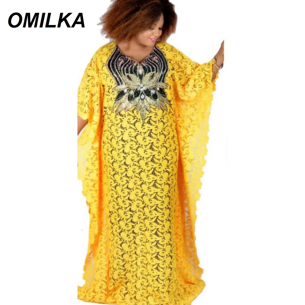 

OMILKA Africa Dress 2019 Summer Women Cape Lace Long Sleeve V Neck Sequin Dress Hollow Out Club Long Maxi Evening Party Dress