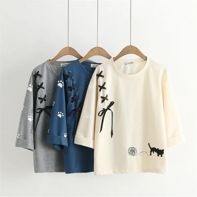 Summer Japanese Kawaii Women T Shirt Mori Girl Cute Embroidery Cat Bandage Cross Bow Female Tee Tops Casual Street Wear T-shirts
Summer Japanese Kawaii Women T Shirt Mori Girl Cute Embroidery Cat Bandage Cross Bow Female Tee Tops Casual Street Wear T-shirts