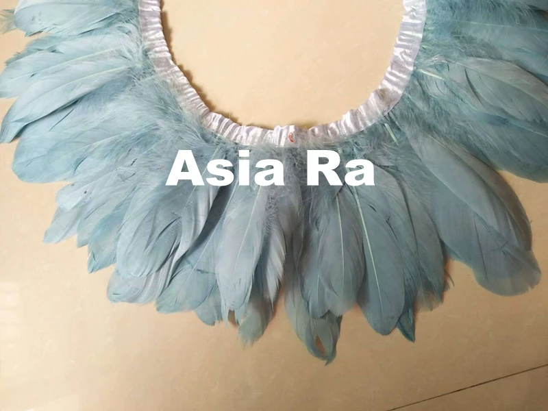 

Asia Ra Factory 2 meters/lot Good Quality Dyed sky blue Goose Feathers Trims fringes trimming on satin ribbon 15-20cm 6-8inch