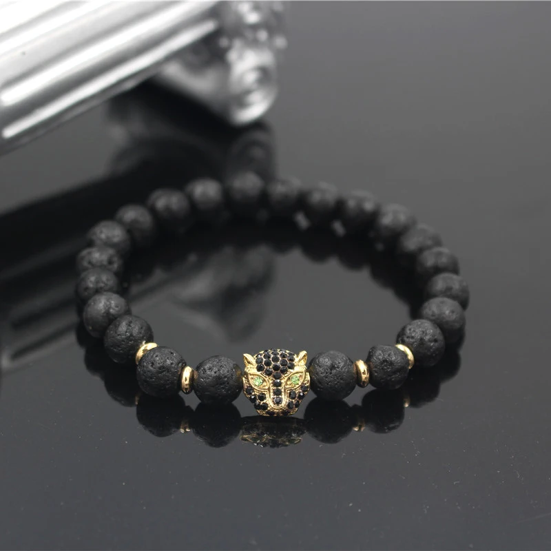 Pun Design Men's Luxury Lava Stone Bead Bracelet Vintage Micro CZ Leopard Head Charm Women Elastic Strand Bracelet Jewelry
Pun Design Men's Luxury Lava Stone Bead Bracelet Vintage Micro CZ Leopard Head Charm Women Elastic Strand Bracelet Jewelry