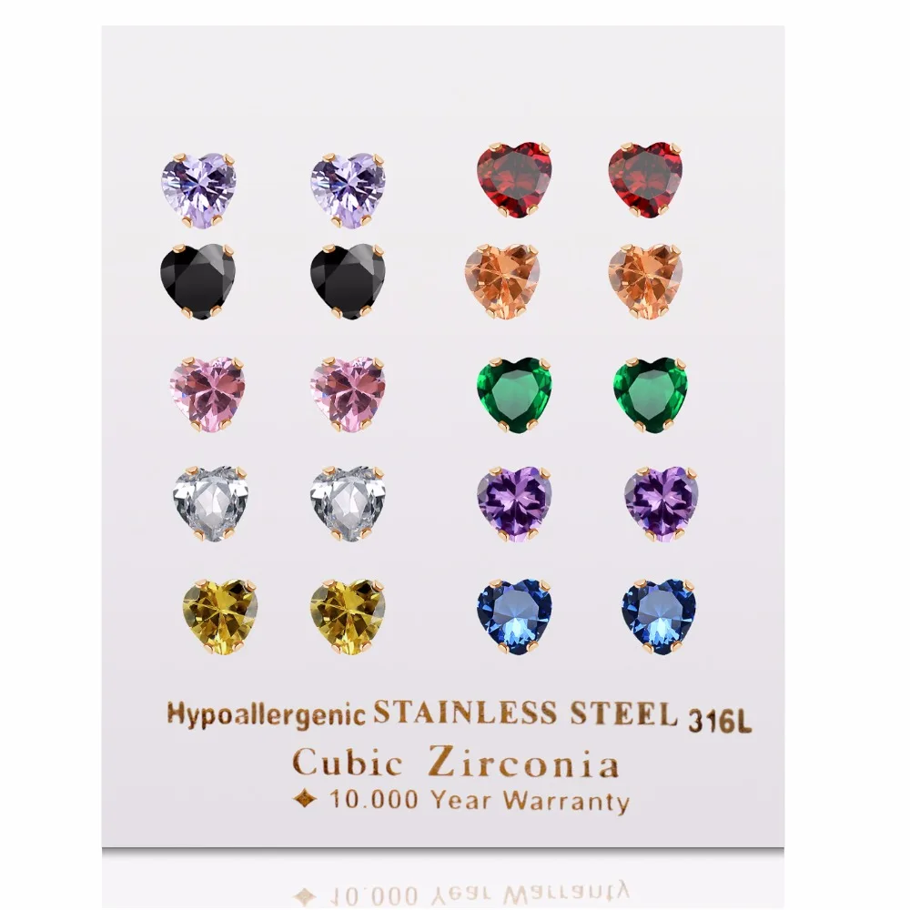 10 pairs 316L stainless steel gold tone multi colors women stud earring heart 6mm cubic zircon earrings jewelry Dropship
10 pairs 316L stainless steel gold tone multi colors women stud earring heart 6mm cubic zircon earrings jewelry Dropship