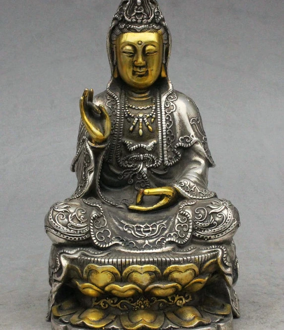 8" Tibet Buddhism Silver Gilt GuanYin Kwan-yin Amitabha Buddha Sit Lotus Statue
