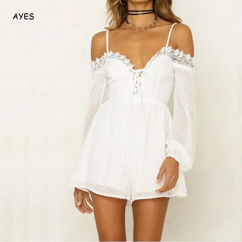 Sexy Off Shoulder Playsuits Women Chic Elegant Lace Chiffon Jumpsuits Long Sleeve White Beach Party Club Overalls Rompers 2020
Sexy Off Shoulder Playsuits Women Chic Elegant Lace Chiffon Jumpsuits Long Sleeve White Beach Party Club Overalls Rompers 2020