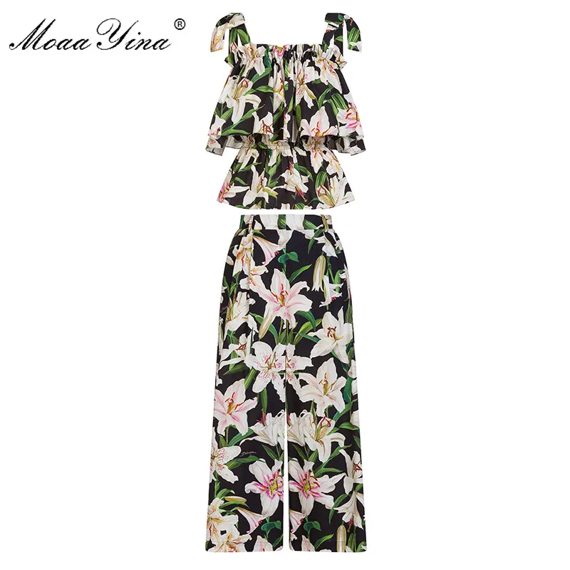 MoaaYina Fashion Designer Runway Suit Summer Women Ruffles Spaghetti Strap lily Print Tops+Wide Leg pants Cotton Two-piece set
MoaaYina Fashion Designer Runway Suit Summer Women Ruffles Spaghetti Strap lily Print Tops+Wide Leg pants Cotton Two-piece set