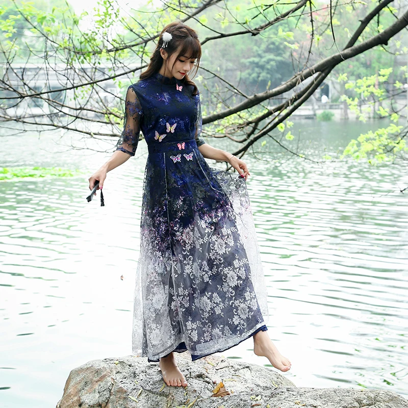 Summer Dress Women Fashion Gradient Color Lace Butterfly Chinese full Dress robe half Sleeve Long Dresses Vistido YL128
Summer Dress Women Fashion Gradient Color Lace Butterfly Chinese full Dress robe half Sleeve Long Dresses Vistido YL128