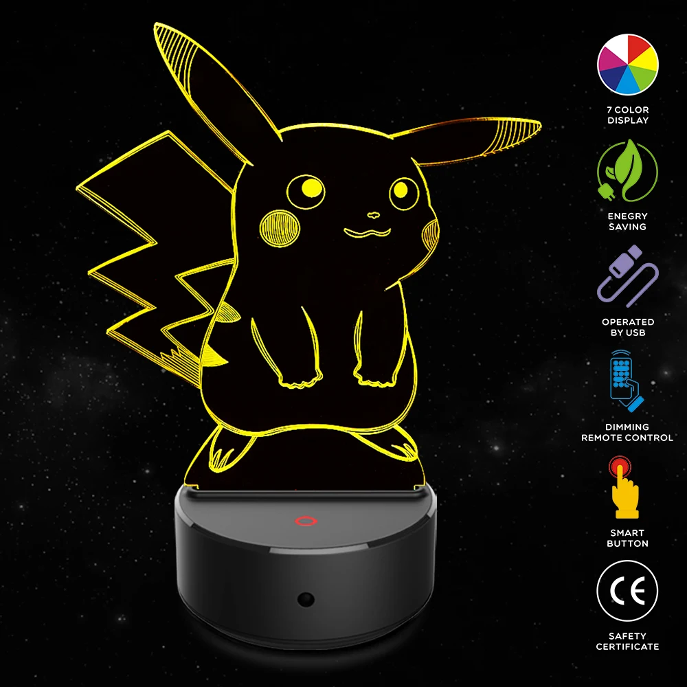 Pikachu Shape 3D Illusion Lamp 7 Color Change Touch Switch LED Night Light Acrylic Desk lamp Atmosphere Lamp Novelty Lighting
Pikachu Shape 3D Illusion Lamp 7 Color Change Touch Switch LED Night Light Acrylic Desk lamp Atmosphere Lamp Novelty Lighting