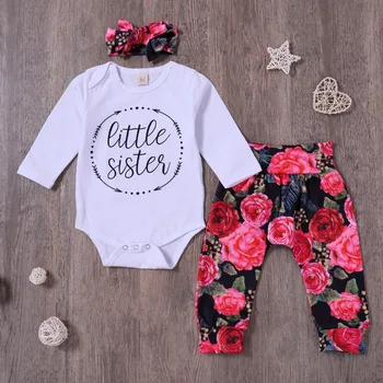 Baby girls Clothing Set White Baby Sister Bodysuit+ Rose Print Trousers + Headband Girl 3 Pieces Clothes Sets
Baby girls Clothing Set White Baby Sister Bodysuit+ Rose Print Trousers + Headband Girl 3 Pieces Clothes Sets