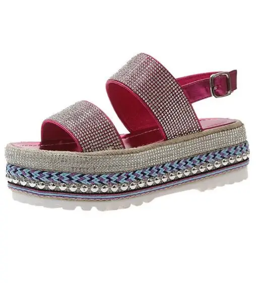 

Carpaton Hot Selling Crystal Embellished Woman Sandals Open Toe Buckle Strap Flat Platform Summer Shoes Rome Style Sandal