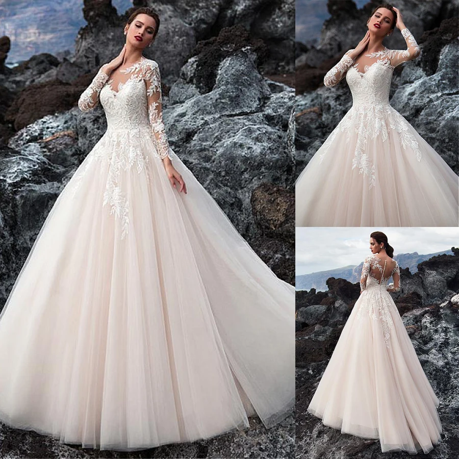 Exquisite Tulle Jewel Neckline A-line Wedding Dress With Beadings Lace Appliques Long Sleeves Beach Bridal Gowns
Exquisite Tulle Jewel Neckline A-line Wedding Dress With Beadings Lace Appliques Long Sleeves Beach Bridal Gowns