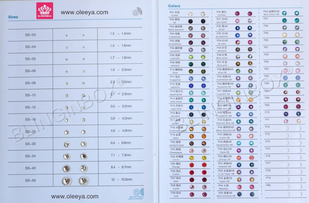 Blinginbox Color Chart for Rhinestone Over 60 colors for Hot Fix Stones Non Hotfix Rhinestones Y0164
Blinginbox Color Chart for Rhinestone Over 60 colors for Hot Fix Stones Non Hotfix Rhinestones Y0164