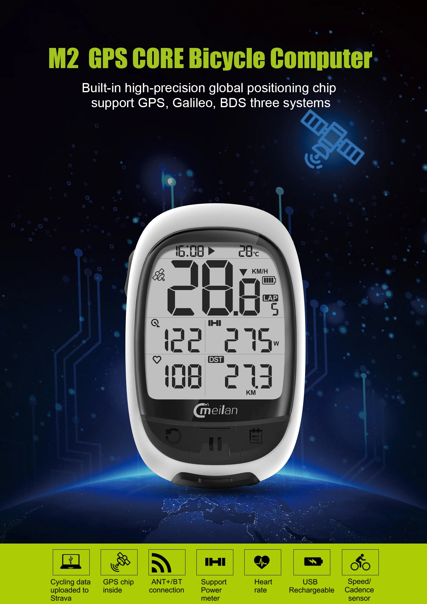Bike gps Computer Bluetooth ANT+ cycling computer Meilan M2 support connect with cadence heart rate power meter(not include)
Bike gps Computer Bluetooth ANT+ cycling computer Meilan M2 support connect with cadence heart rate power meter(not include)
