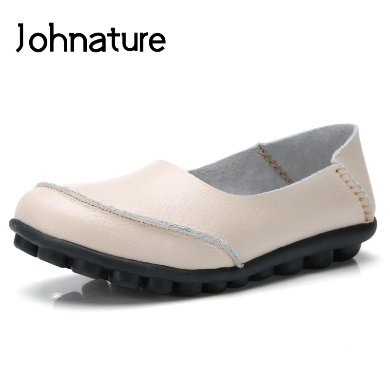 

Johnature 2019 New Spring/autumn Genuine Leather Round Toe Solid Shallow Sewing Soft Sole Slip On Shoes For Women Loafers Flats