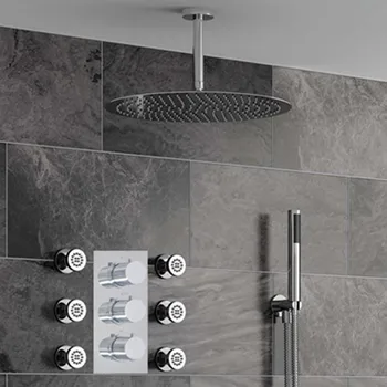 doccia 16" rainfall Round Shower Head Thermostatic Shower Set with 6pieces message spa body jets