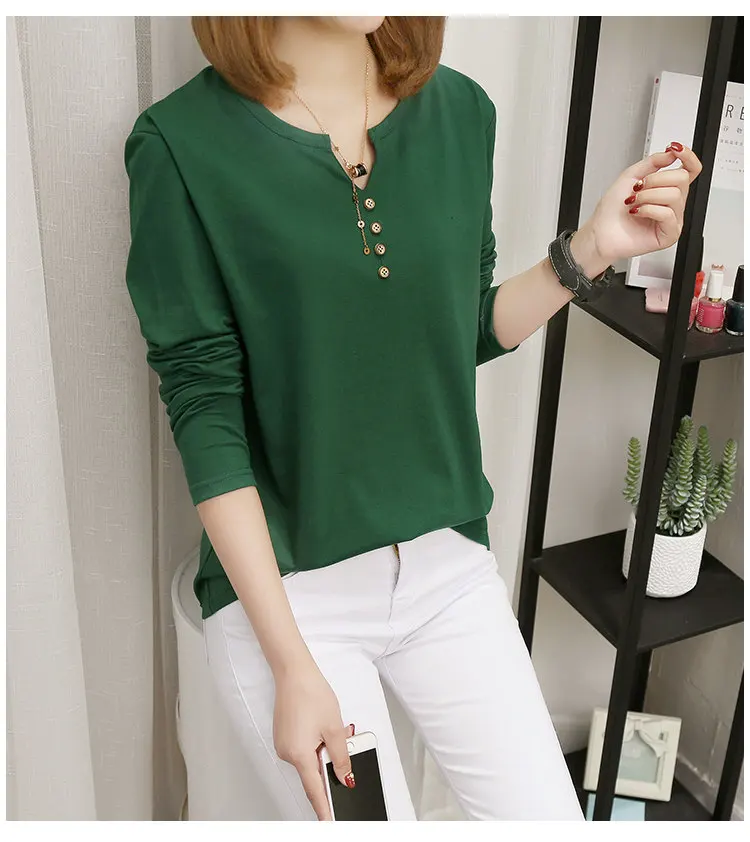 New Womens Tops Tees 2019 Autumn Large Size Tshirt Femme Casual V-neck Long Sleeve Cotton T-shirt Poleras Mujer Tshirts Female (6)