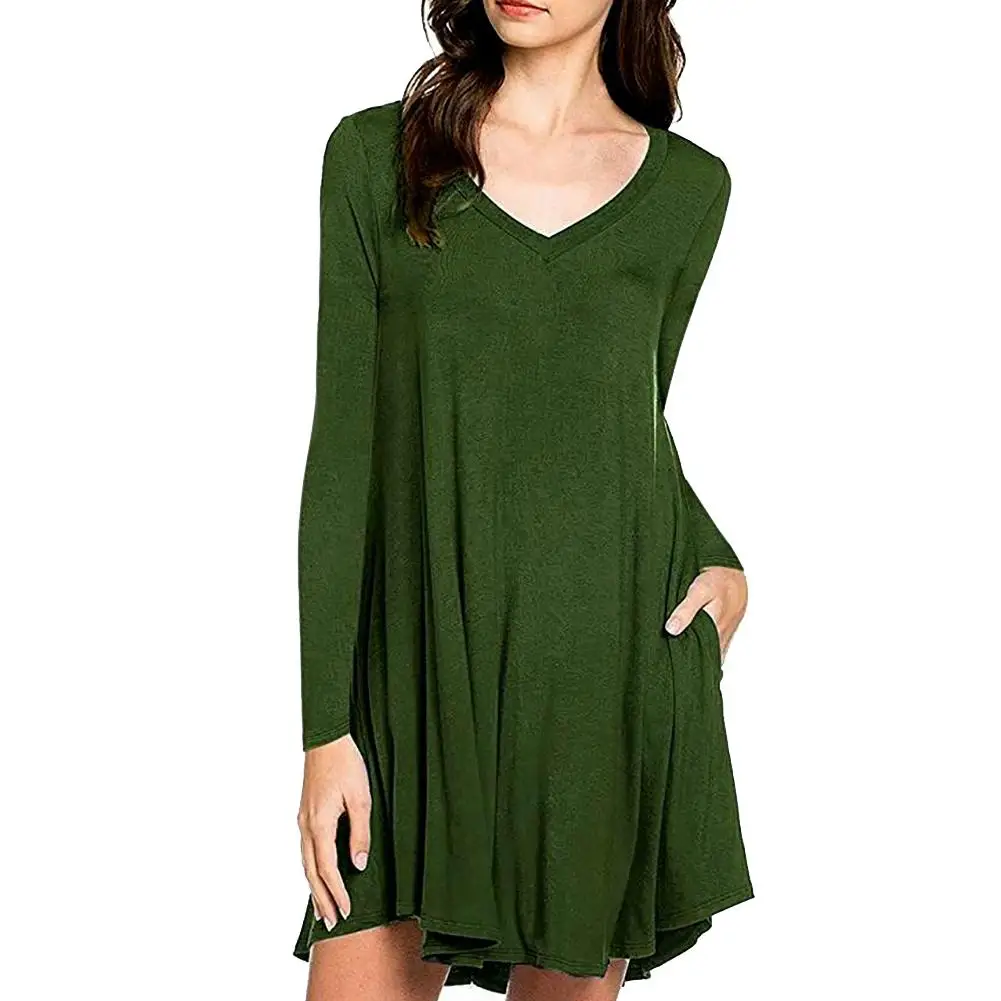 Fashion Solid Color V-Neck Long Sleeve Pockets Pleated Loose Women Autumn Dress New Arrival
Fashion Solid Color V-Neck Long Sleeve Pockets Pleated Loose Women Autumn Dress New Arrival