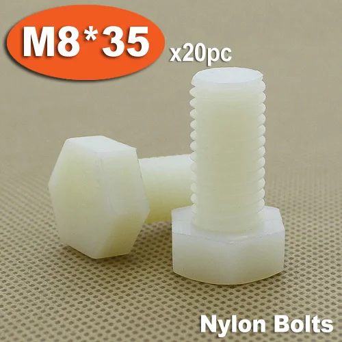 

20pcs DIN933 M8 x 35 Fully Threaded White Plastic Nylon Bolts Hexagon Hex Head Bolt Set Screw Setscrews