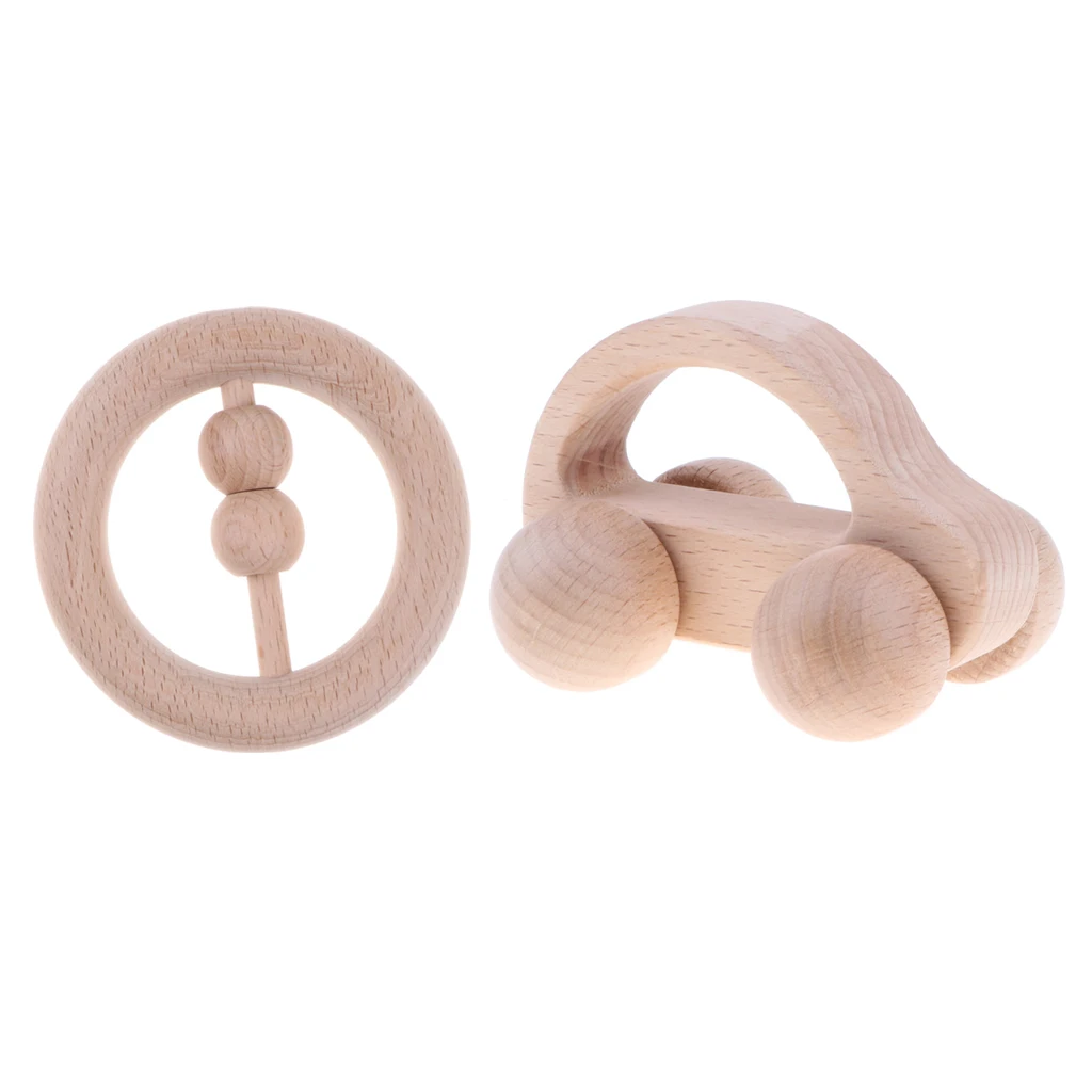 2 PCS Wooden Rattle Educational Grasping Montessori Developmental Toy Car + Ring