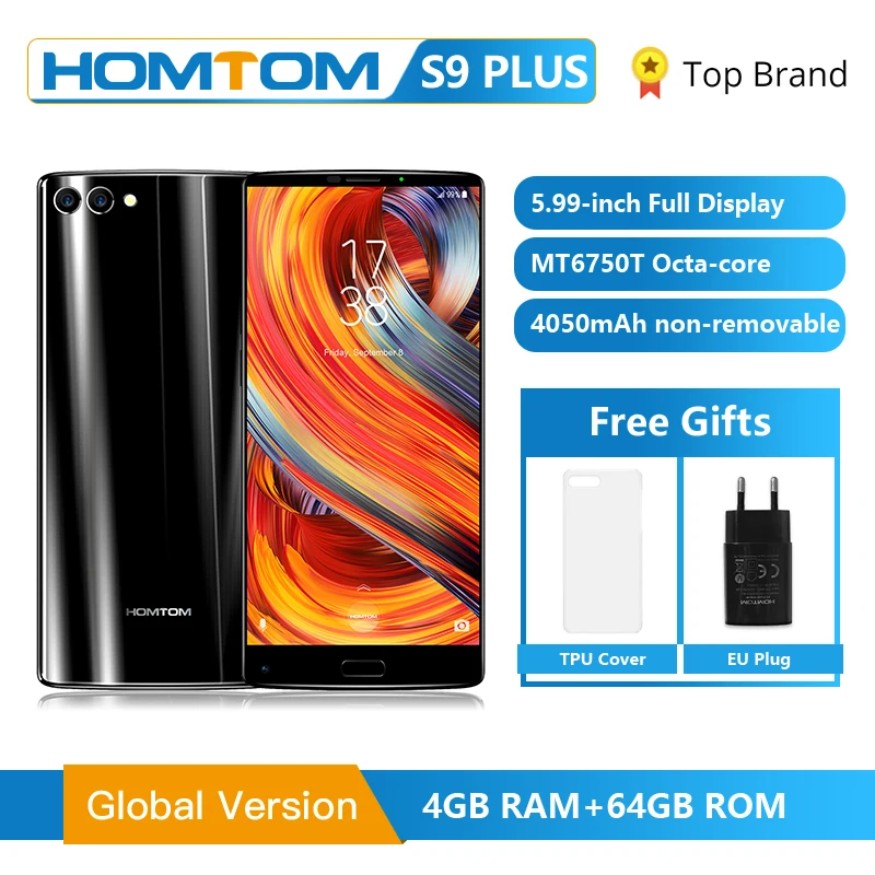 

HOMTOM S9 Plus 18:9 HD+ 5.99" Tri-bezelless Full Display Cell phone MT6750T Octa Core 4G RAM 64G ROM Dual Back Cam Mobile Phone