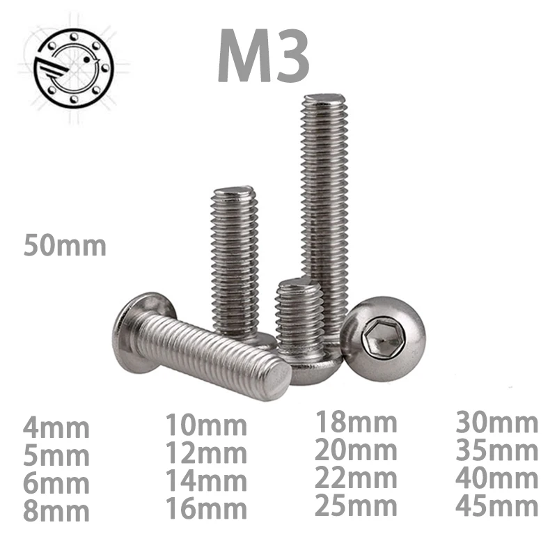 100pcs M3 Bolt A2-70 Button Head Socket Screw SUS304 Stainless Steel M3*(4/5/6/8/10/12/14/16/18/20/22/25/30/35/40/45/50) mm |