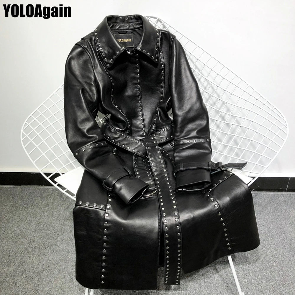 YOLOAgain women genuine leather long coat ladies rivet real leather trench with belt
YOLOAgain women genuine leather long coat ladies rivet real leather trench with belt
