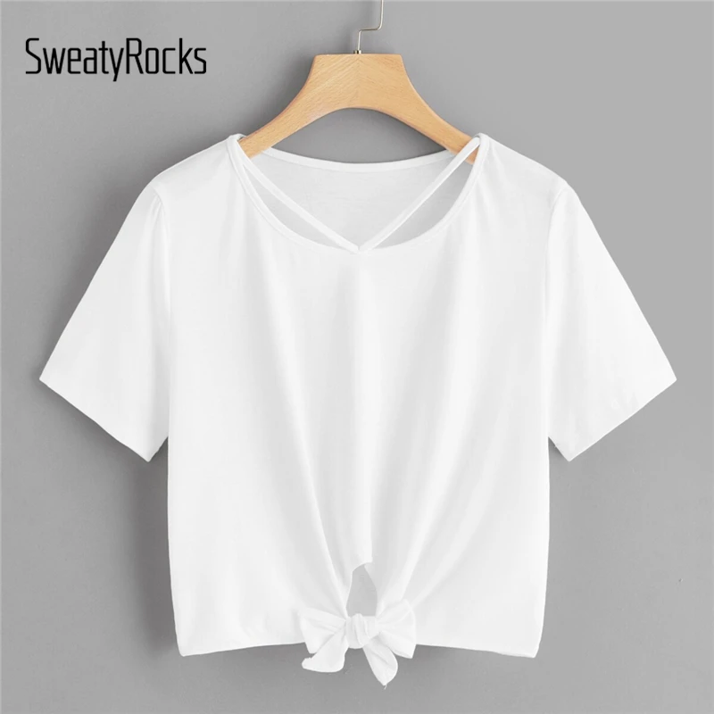 SweatyRocks Knot Hem Cut Out Solid Tee Streetwear Short Sleeve Basics Clothes 2019 Summer Casual Women Style Crop T-Shirts
SweatyRocks Knot Hem Cut Out Solid Tee Streetwear Short Sleeve Basics Clothes 2019 Summer Casual Women Style Crop T-Shirts