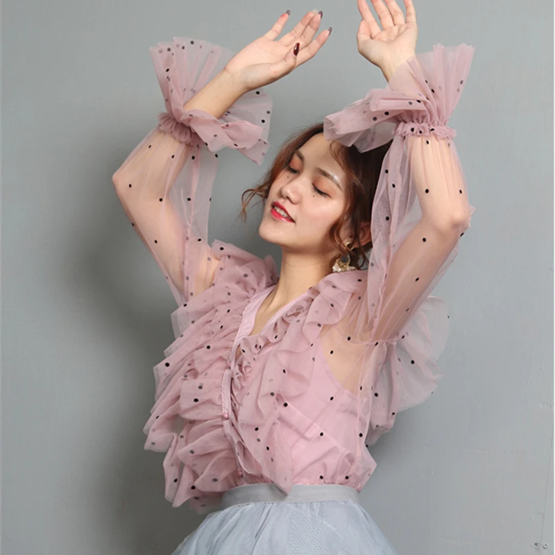2019 Spring Summer Fashion Women Mesh Tops Flare Sleeve V Neck Polka Dot Ruffles Shirt High Street See Through Shirts Top
2019 Spring Summer Fashion Women Mesh Tops Flare Sleeve V Neck Polka Dot Ruffles Shirt High Street See Through Shirts Top