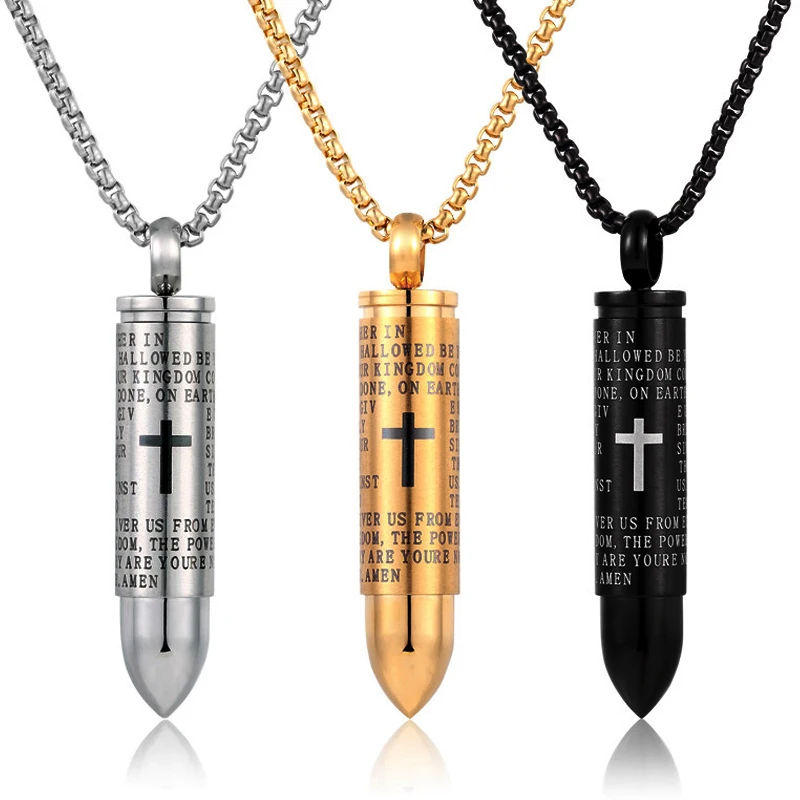Fashion Bullet Pendant For Men Engraved Cross Lord Bible Prayer Necklace & Pendant Stainless Steel Male Jewelry Religious Bijoux
Fashion Bullet Pendant For Men Engraved Cross Lord Bible Prayer Necklace & Pendant Stainless Steel Male Jewelry Religious Bijoux
