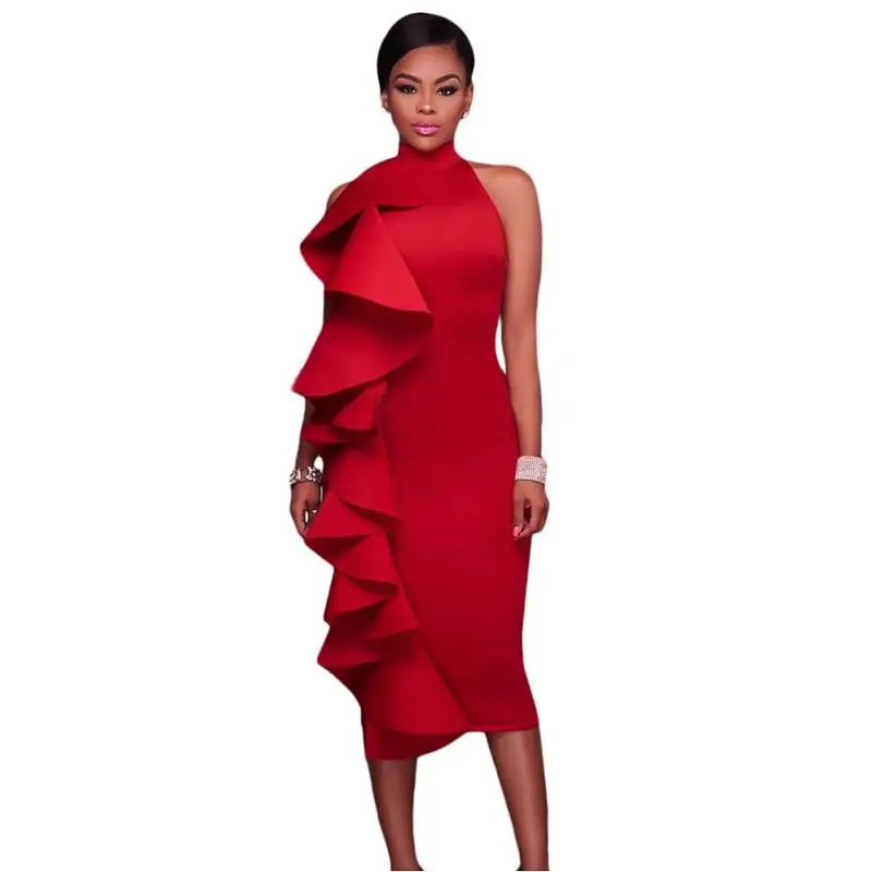 SEBOWEL 2017 Women Big Ruffles Midi Elegant Dress Sexy Open Back Bodycon Party Dress High Neck Vintage Pencil Dress (7)
