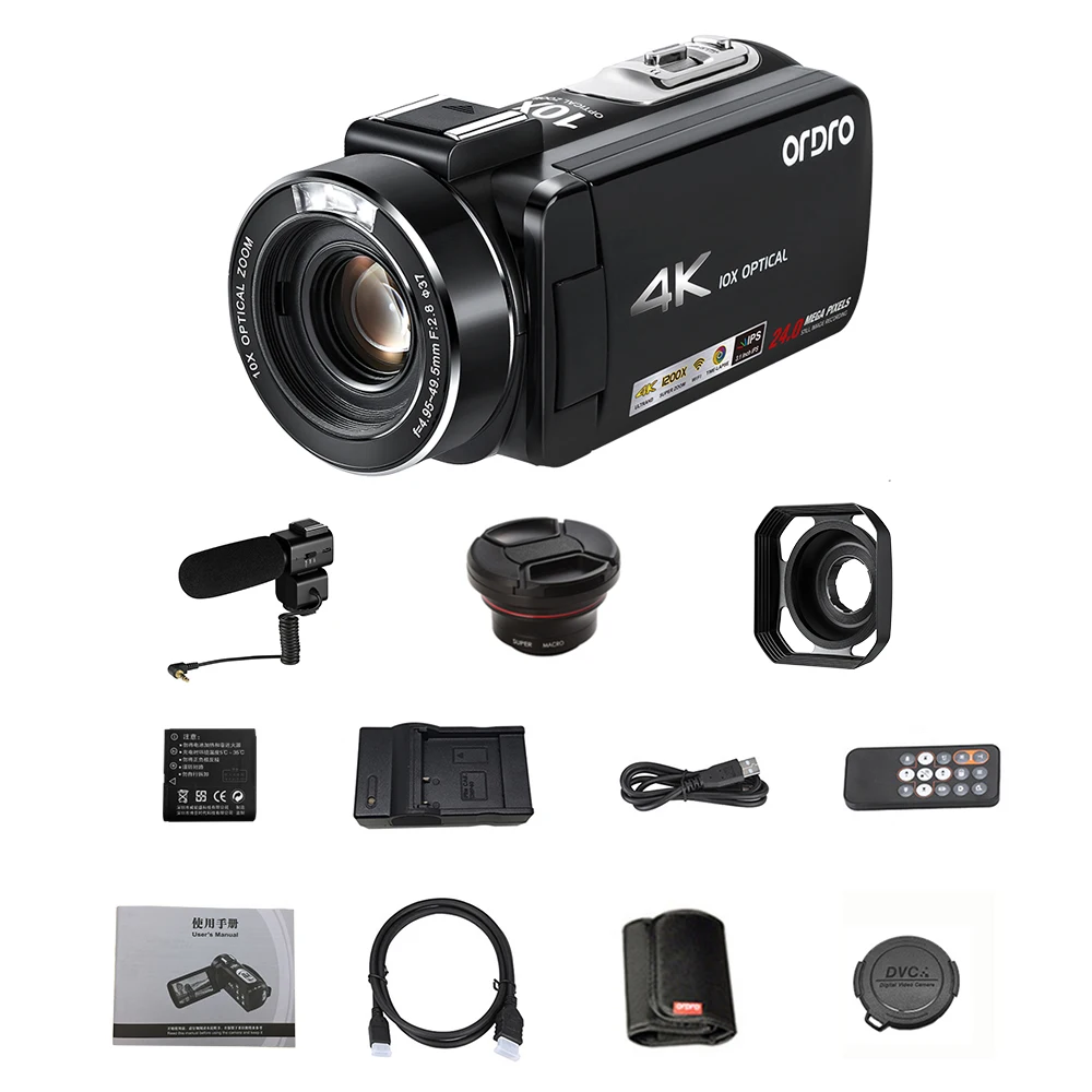 Ordro AC7 4K UHD цифровые видеокамеры FHD 24MP 120X цифровой зум 10X оптический WiFi ips сенсорный
