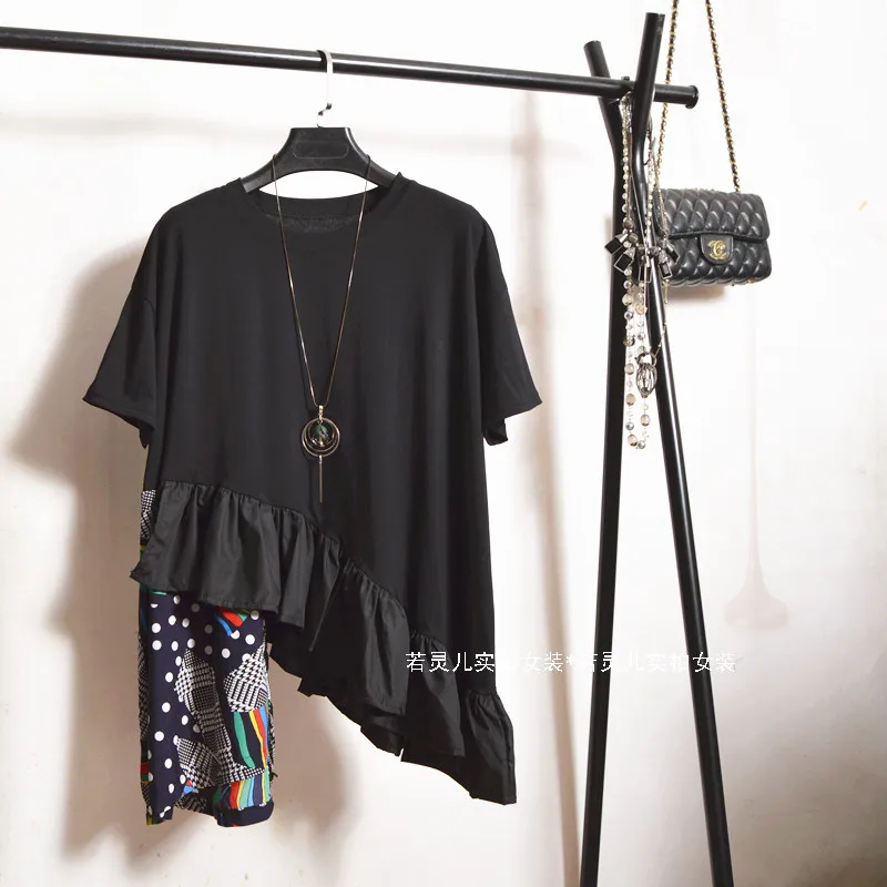 2019 Summer Cotton Casual T-shirts Irregular Lotus Leaf Edge Hem Print Stitched Short Sleeve T-shirts Loose O-Neck T-shirts
2019 Summer Cotton Casual T-shirts Irregular Lotus Leaf Edge Hem Print Stitched Short Sleeve T-shirts Loose O-Neck T-shirts