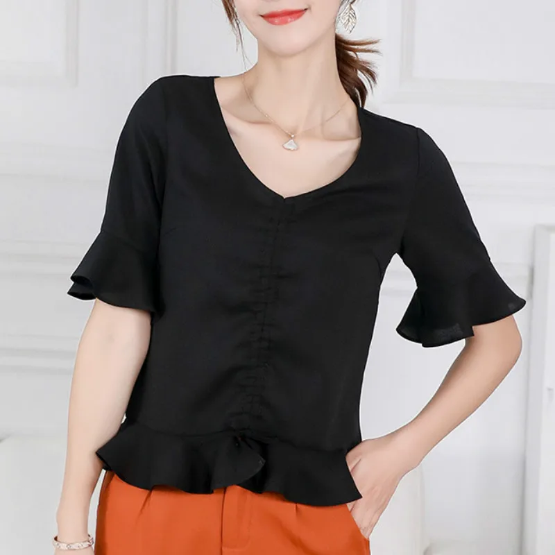 Korean Womens Tunic Chiffon Blouse Elegant Office Ruffles Short Sleeve Shirts Black White Tops Blusas Bandage Summer Blouses
Korean Womens Tunic Chiffon Blouse Elegant Office Ruffles Short Sleeve Shirts Black White Tops Blusas Bandage Summer Blouses