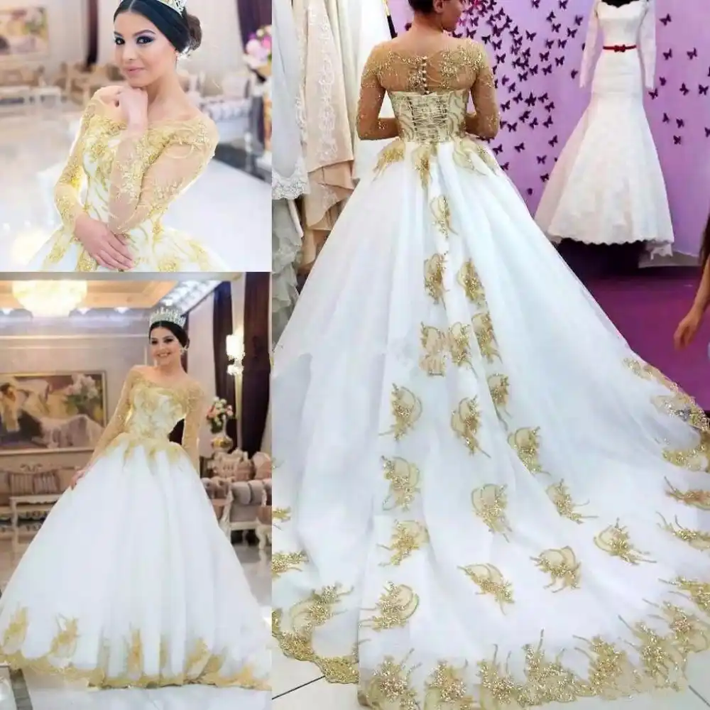 Luxury Shiny Gold Long Sleeve Wedding Dresses 2019 Modest Bateau