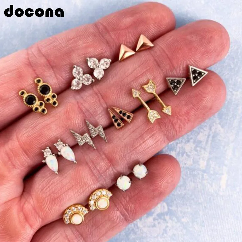 

Docona 10pair/set Cute Gold Mini Lightning Arrow Triangle Flower Crystal Geometric Tiny Stud Earring For Women Jewelry 7070