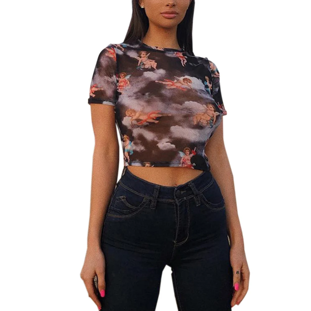 Spring Summer Ladies Mesh Open Short Crop Top Women's New Transparent Crew Neck T-Shirt Sexy Angel Print Short Sleeve Tops New
Spring Summer Ladies Mesh Open Short Crop Top Women's New Transparent Crew Neck T-Shirt Sexy Angel Print Short Sleeve Tops New