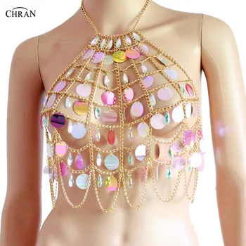 

Chran Acrylic Beaded Rave Bra Bralete Seascale Sequins Crop Top Belly Waist Belt Chain Necklace Festival Wear Jewelry CRS415